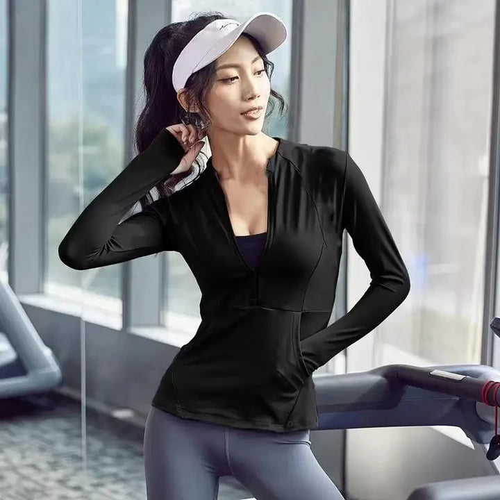 Chaqueta deportiva de manga larga para mujer, ideal para yoga, gimnasio, fitness, ajustada, de secado rápido y transpirable.
