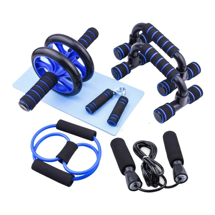 1 juego de siete piezas de fitness, pequeño equipo de fitness para el hogar, cuerda para saltar, dispositivo de fuerza de agarre, flexiones, rueda abdominal
